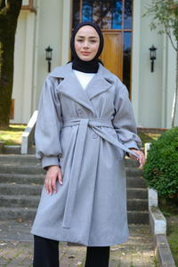 Kol Büzgülü Gofreli Kruvaze Yaka Kaşe Gri