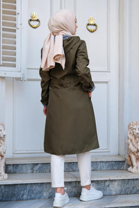 Kol Çizgili Kapüşonlu Yağmurluk Haki Yeşil