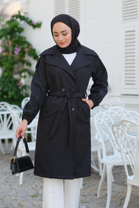 Kol Düğme Detay Bel Bağlamalı Trençkot Siyah