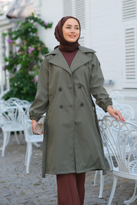 Kol Düğme Detay Bel Bağlamalı Trençkot Haki Yeşil