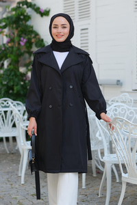 Kol Düğme Detay Bel Bağlamalı Trençkot Siyah