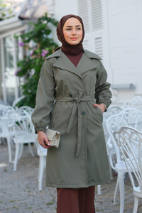 Kol Düğme Detay Bel Bağlamalı Trençkot Haki Yeşil