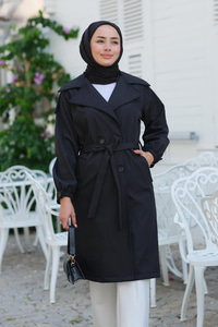 Kol Düğme Detay Bel Bağlamalı Trençkot Siyah