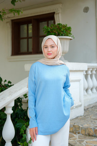 Kol Düğme Detay Kendinden Desen Tunik Bebe Mavi