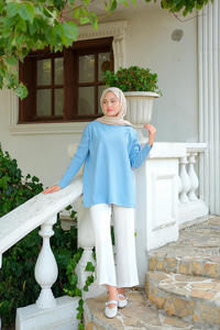 Kol Düğme Detay Kendinden Desen Tunik Bebe Mavi