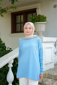 Kol Düğme Detay Kendinden Desen Tunik Bebe Mavi