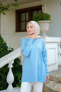 Kol Düğme Detay Kendinden Desen Tunik Bebe Mavi