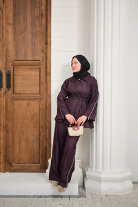 Kol Fermuar Detaylı Bel Bağlamalı Tek Düğmeli Takım Mürdüm