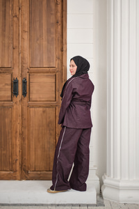 Kol Fermuar Detaylı Bel Bağlamalı Tek Düğmeli Takım Mürdüm