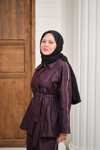 Kol Fermuar Detaylı Bel Bağlamalı Tek Düğmeli Takım Mürdüm