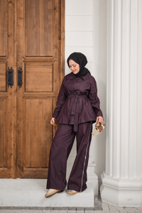 Kol Fermuar Detaylı Bel Bağlamalı Tek Düğmeli Takım Mürdüm