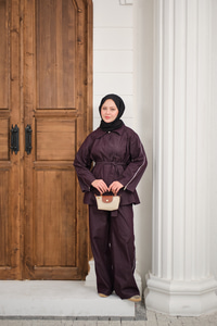 Kol Fermuar Detaylı Bel Bağlamalı Tek Düğmeli Takım Mürdüm