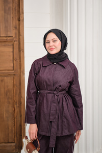 Kol Fermuar Detaylı Bel Bağlamalı Tek Düğmeli Takım Mürdüm