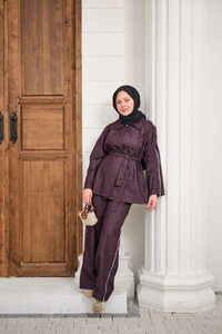 Kol Fermuar Detaylı Bel Bağlamalı Tek Düğmeli Takım Mürdüm