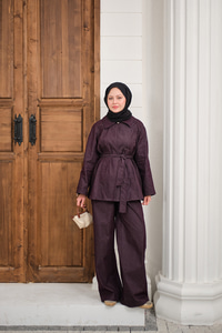 Kol Fermuar Detaylı Bel Bağlamalı Tek Düğmeli Takım Mürdüm