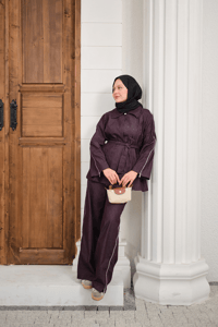 Kol Fermuar Detaylı Bel Bağlamalı Tek Düğmeli Takım Mürdüm