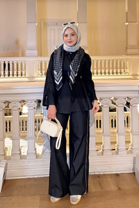 Kol Fermuar Detaylı Bel Bağlamalı Tek Düğmeli Takım Lacivert