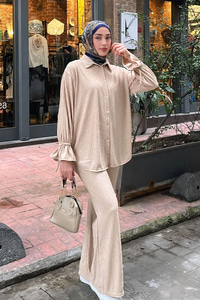 Kol Fırfır Detay Bürümcük İkili Takım Krem