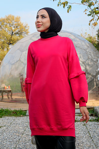 Kol Fırfırlı Bisiklet Yaka Tunik Fuşya