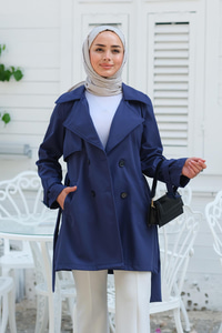 Kol Kemer Detay Bel Bağlamalı Trençkot Saks Mavi