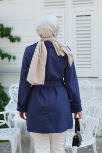 Kol Kemer Detay Bel Bağlamalı Trençkot Saks Mavi