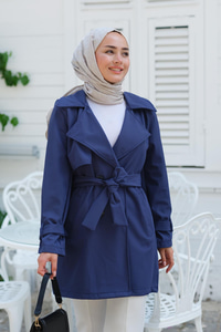 Kol Kemer Detay Bel Bağlamalı Trençkot Saks Mavi