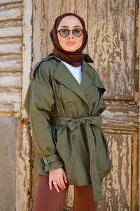 Kol Kemerli Kruvaze Yaka Trençkot Haki Yeşil