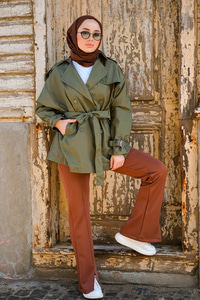 Kol Kemerli Kruvaze Yaka Trençkot Haki Yeşil
