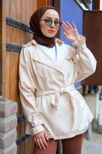 Kol Kemerli Kruvaze Yaka Trençkot Krem