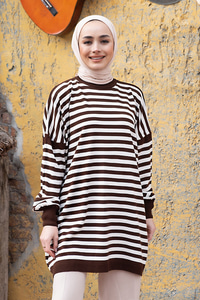 Uygun Fiyatlı KOL LASTIKLI CIZGILI TUNIK KAHVERENGI | Loccomoda.com 