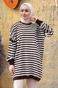 Uygun Fiyatlı KOL LASTIKLI CIZGILI TUNIK KAHVERENGI | Loccomoda.com 