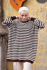 Uygun Fiyatlı KOL LASTIKLI CIZGILI TUNIK KAHVERENGI | Loccomoda.com 