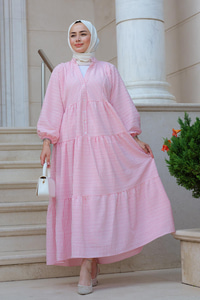 Kol Lastikli Düğme Detay Çizgili Elbise Pembe