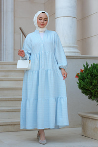 Kol Lastikli Düğme Detay Çizgili Elbise Açık Mavi