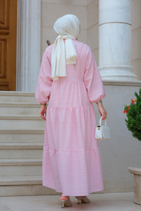 Kol Lastikli Düğme Detay Çizgili Elbise Pembe