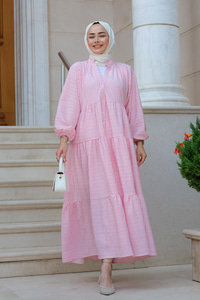 Kol Lastikli Düğme Detay Çizgili Elbise Pembe