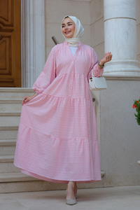 Kol Lastikli Düğme Detay Çizgili Elbise Pembe