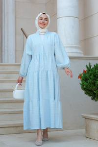 Kol Lastikli Düğme Detay Çizgili Elbise Açık Mavi