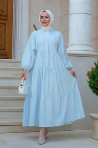 Kol Lastikli Düğme Detay Çizgili Elbise Açık Mavi