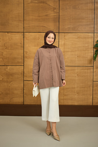 Kol Manşetli Düğme Detaylı Gömlek Kahverengi