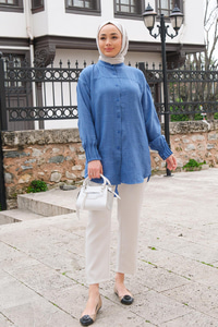 Kol Nervür Detaylı Gömlek Mavi