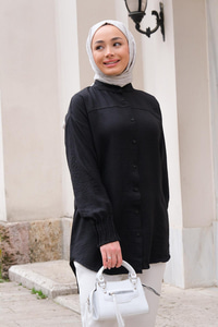 Kol Nervür Detaylı Gömlek Siyah