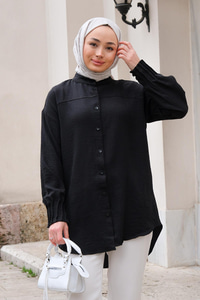 Kol Nervür Detaylı Gömlek Siyah