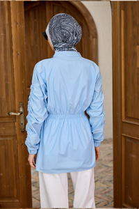 Kol Ve Bel Büzgülü Çıt Çıt Detaylı Gömlek Mavi