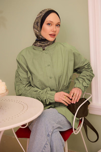 Kol Ve Bel Büzgülü Çıt Çıt Detaylı Gömlek Küf Yeşil