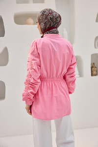 Kol Ve Bel Büzgülü Çıt Çıt Detaylı Gömlek Pembe