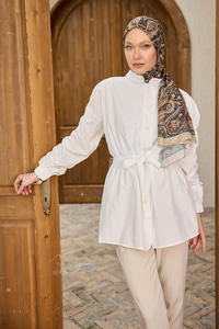 Kol Ve Bel Büzgülü Çıt Çıt Detaylı Gömlek Beyaz