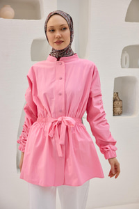 Kol Ve Bel Büzgülü Çıt Çıt Detaylı Gömlek Pembe