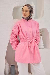 Kol Ve Bel Büzgülü Çıt Çıt Detaylı Gömlek Pembe