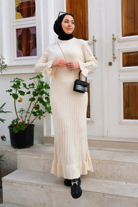 Kol Ve Etek Ucu Fırfırlı Fitilli Elbise Krem